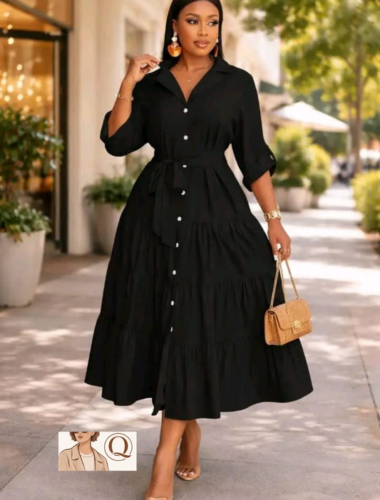 Elegant Belted Tiered Midi Shirt Dress