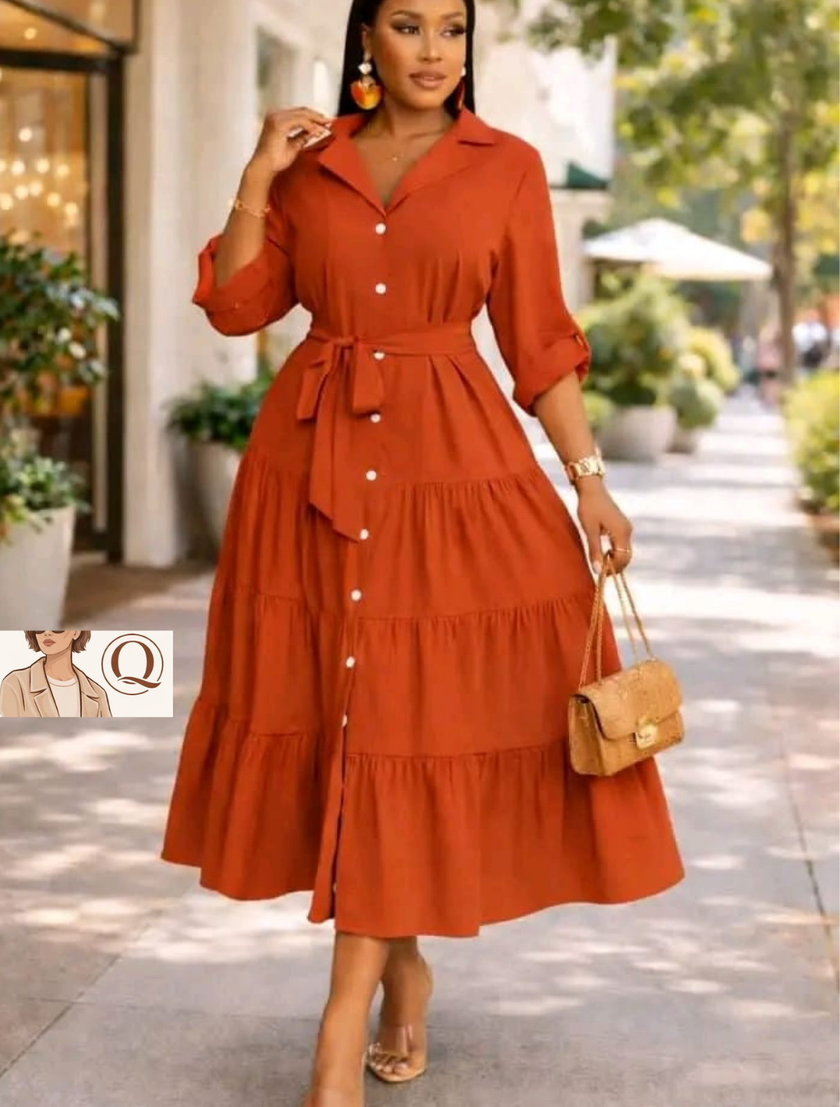 Elegant Belted Tiered Midi Shirt Dress