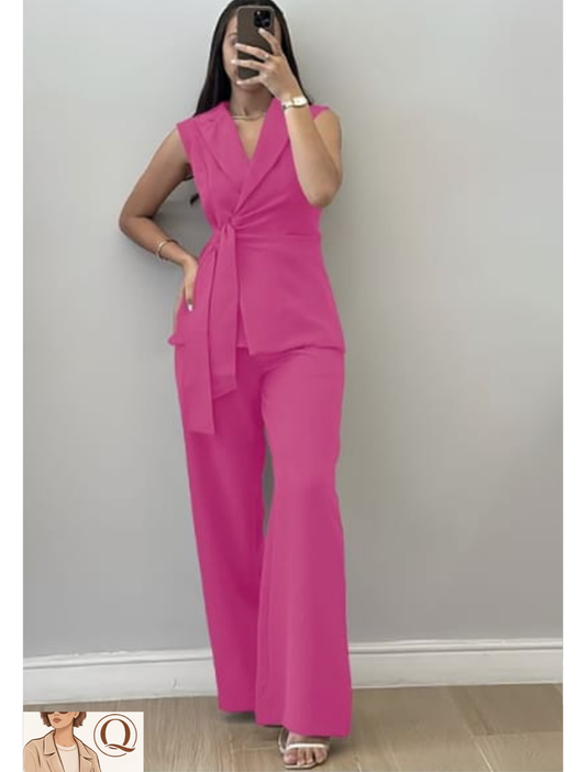 Elegant Sleeveless Wrap Blazer & Wide-Leg Pants Set – Chic Tailored 2 Piece Outfit for Women