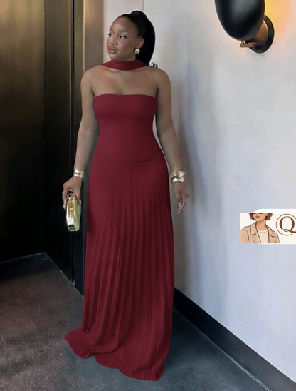 ✨ Luxe Muse Pleated Maxi Gown – Strapless Elegance with Choker Detail