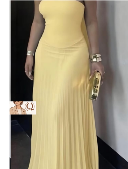 ✨ Luxe Muse Pleated Maxi Gown – Strapless Elegance with Choker Detail