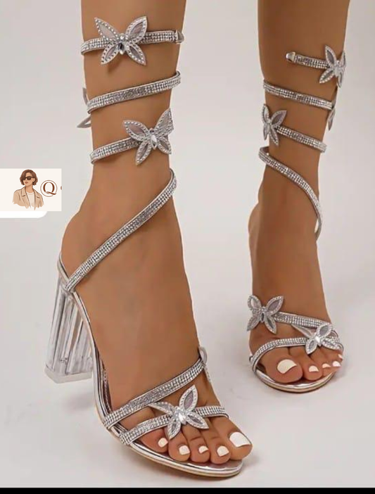 Butterfly Rhinestone Wrap Heels (Clear Block Heel)