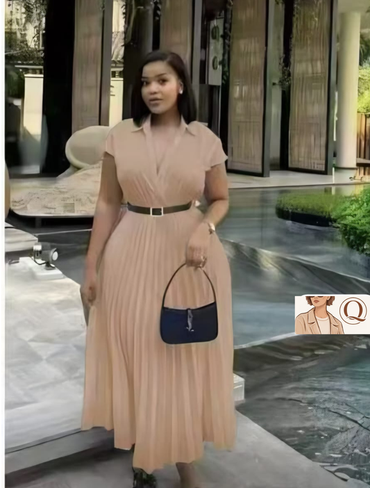 Grace Line Pleated Midi Dress – Timeless Belted Elegance