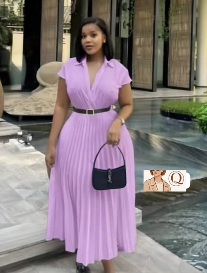 Grace Line Pleated Midi Dress – Timeless Belted Elegance