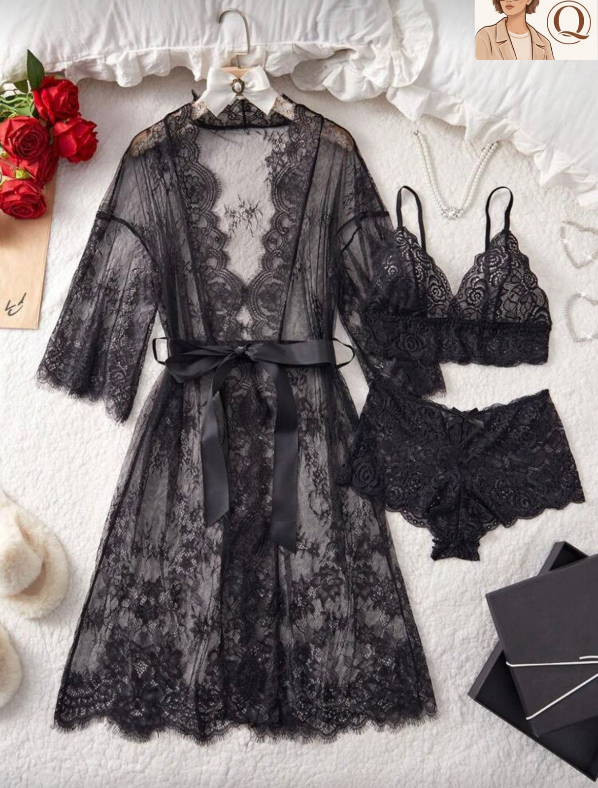 Elegant Lace 3-Piece Lingerie &amp; Robe Set