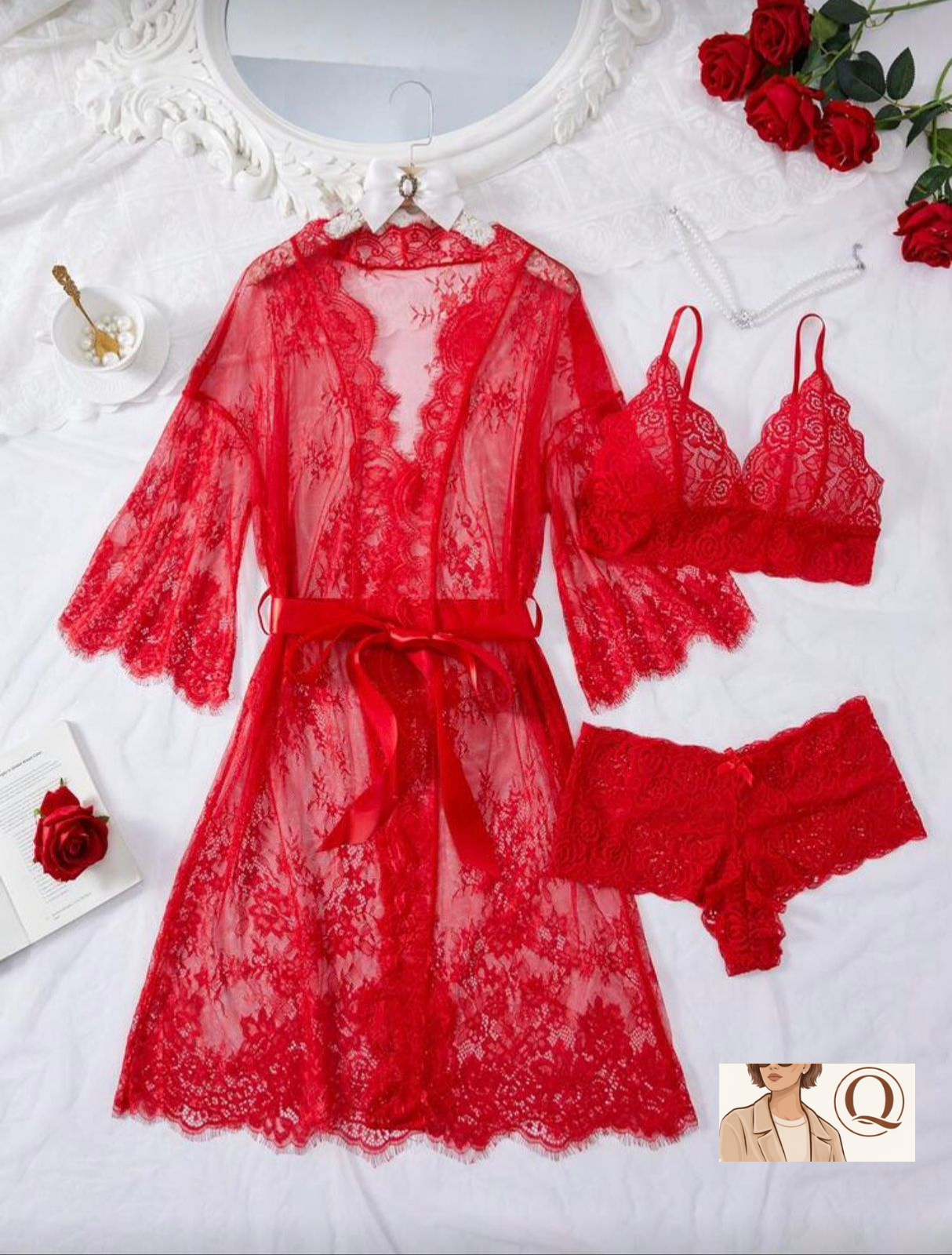 Elegant Lace 3-Piece Lingerie &amp; Robe Set