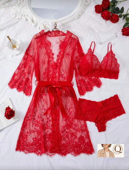 Elegant Lace 3-Piece Lingerie &amp; Robe Set