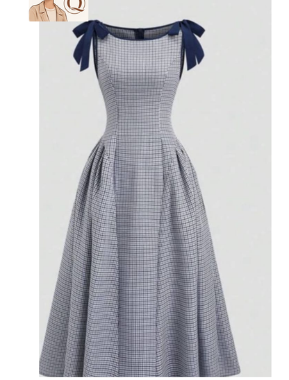 Women’s Bow-Strap Checkered Midi Dress ✨👗