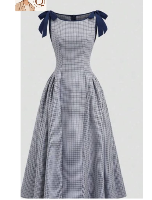Women’s Bow-Strap Checkered Midi Dress ✨👗