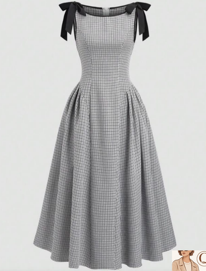 Women’s Bow-Strap Checkered Midi Dress ✨👗