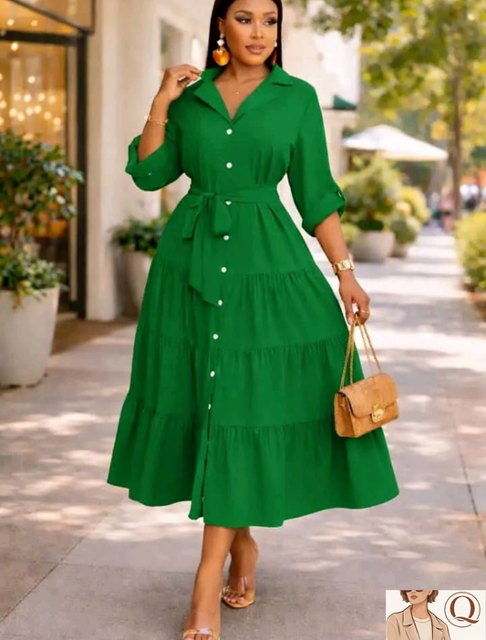 Elegant Belted Tiered Midi Shirt Dress