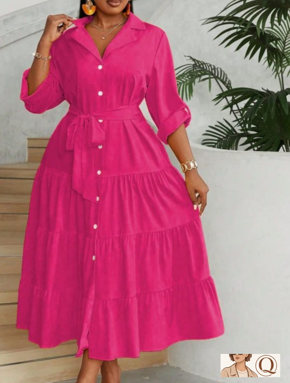 Elegant Belted Tiered Midi Shirt Dress