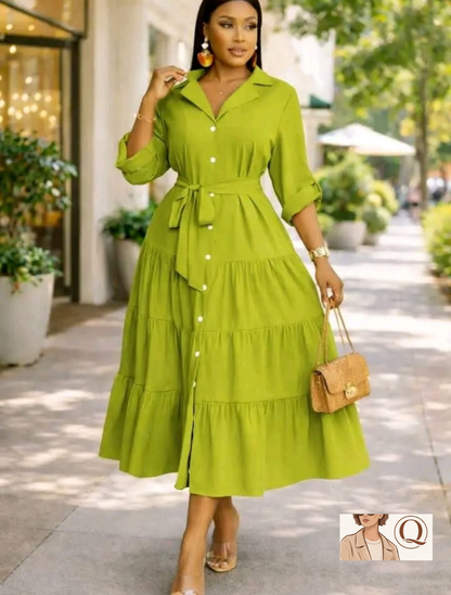 Elegant Belted Tiered Midi Shirt Dress