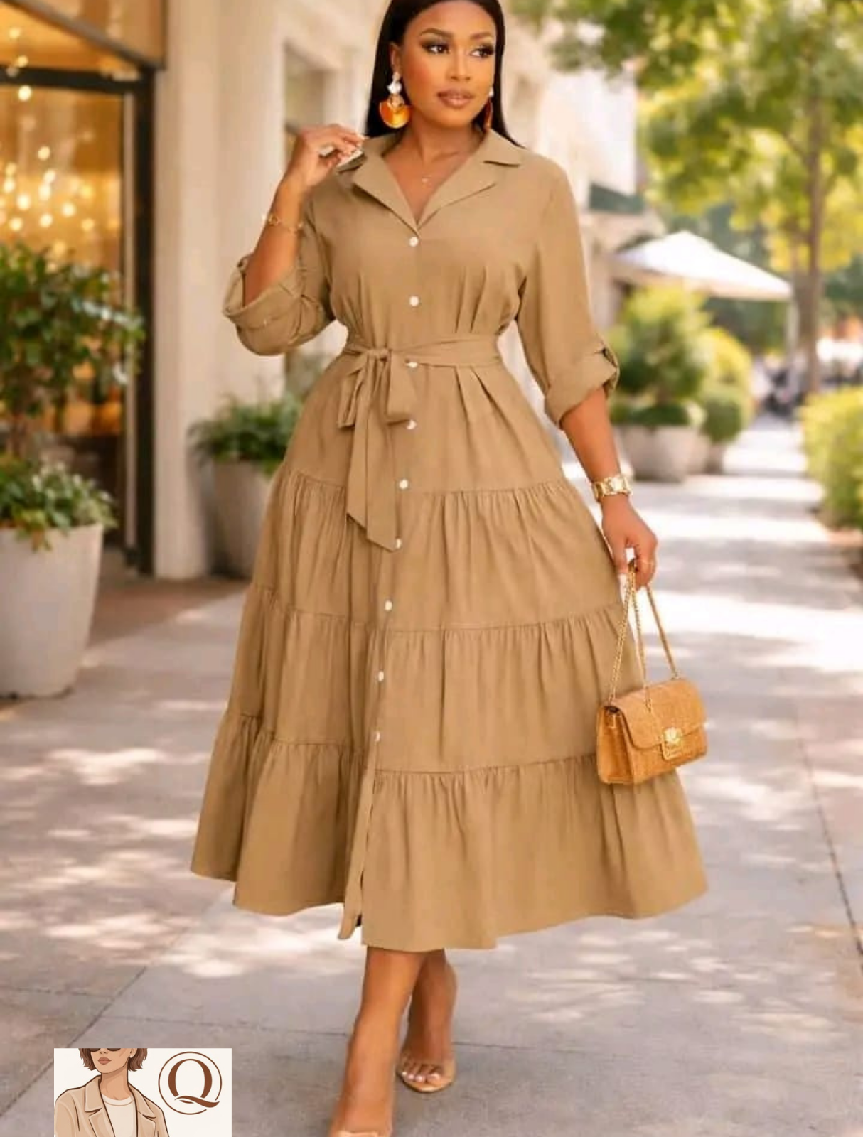 Elegant Belted Tiered Midi Shirt Dress