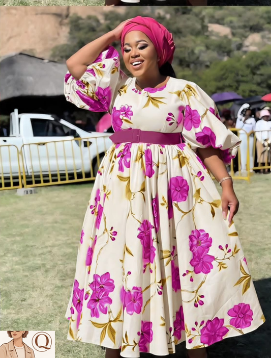 🌸 Elegant Floral Puff Sleeve Midi Dress