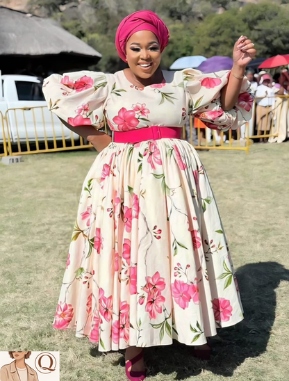 🌸 Elegant Floral Puff Sleeve Midi Dress