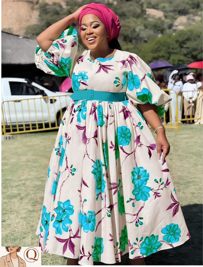 🌸 Elegant Floral Puff Sleeve Midi Dress