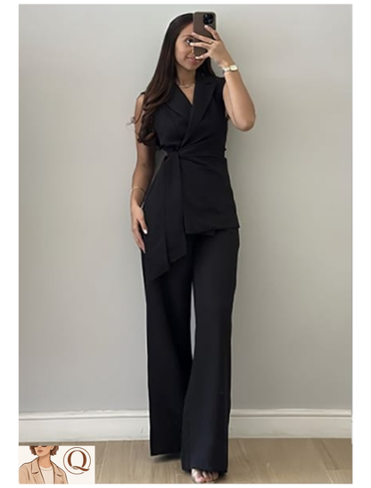 Elegant Sleeveless Wrap Blazer & Wide-Leg Pants Set – Chic Tailored 2 Piece Outfit for Women