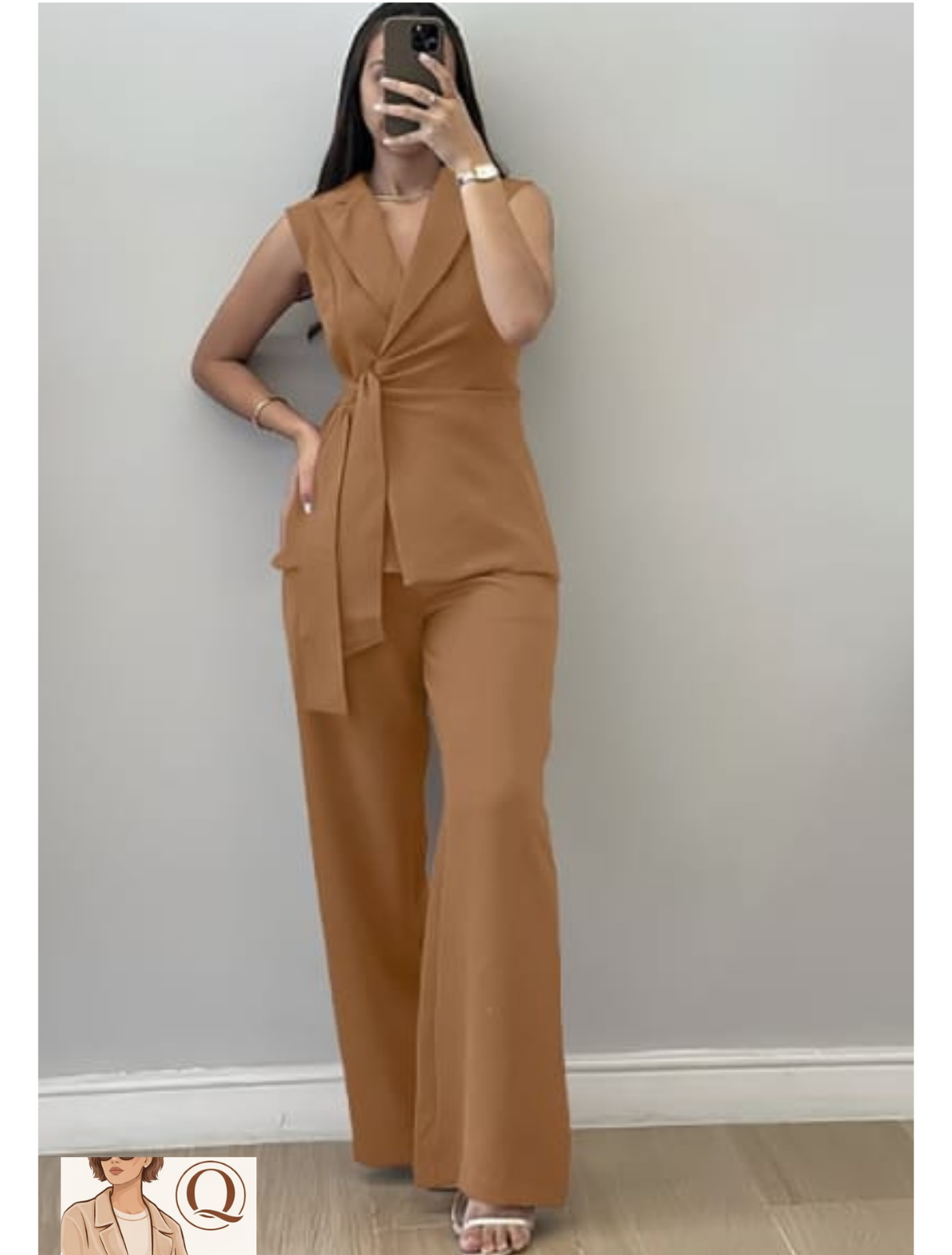 Elegant Sleeveless Wrap Blazer & Wide-Leg Pants Set – Chic Tailored 2 Piece Outfit for Women