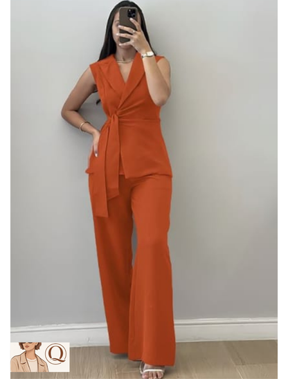 Elegant Sleeveless Wrap Blazer & Wide-Leg Pants Set – Chic Tailored 2 Piece Outfit for Women