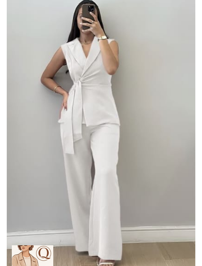 Elegant Sleeveless Wrap Blazer & Wide-Leg Pants Set – Chic Tailored 2 Piece Outfit for Women